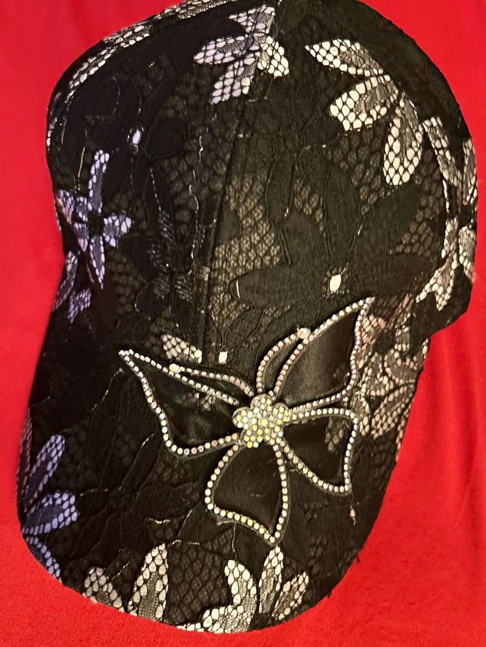 Black Lace Baseball Cap with Crystal Flower Accent